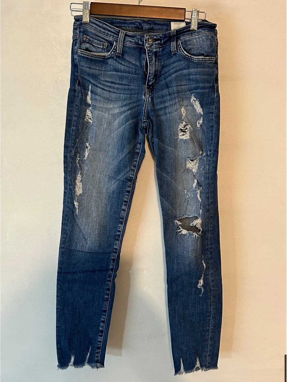 bridge by gly Mid Rise Ankle Skinny Jeans Size 27 Distressed Blue Denim